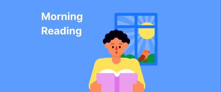 Illustrated person reading a pink book by a sunny window with a bird, on a blue background, promoting a morning reading self-care routine