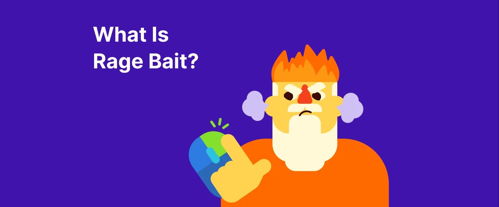 Cartoon character with orange flame hair and beard showing rage bait concept while angrily holding a computer mouse on purple background
