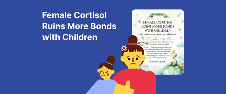 Worried mother in red shirt with concerned child showing stress response on blue background with cortisol article card