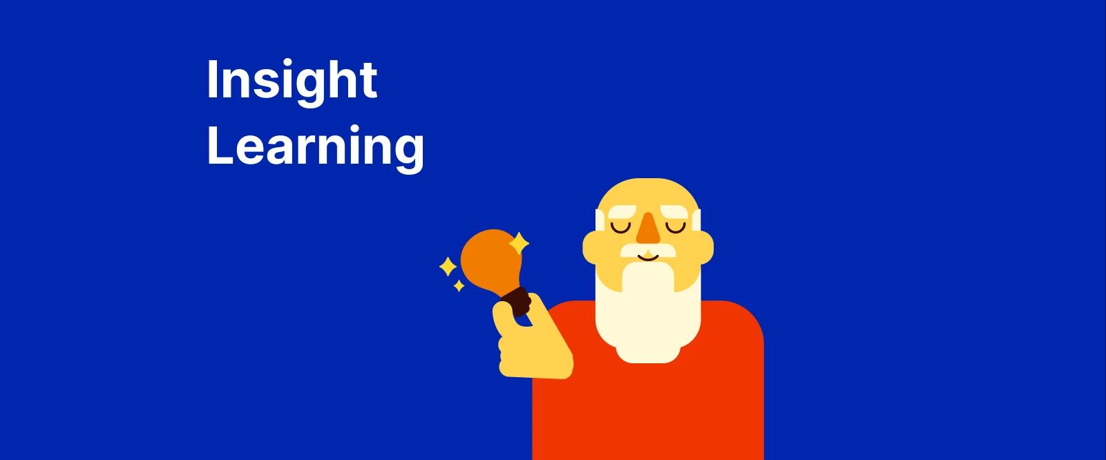 Bearded character holding bright red lightbulb on orange background representing insight learning aha! moment concept