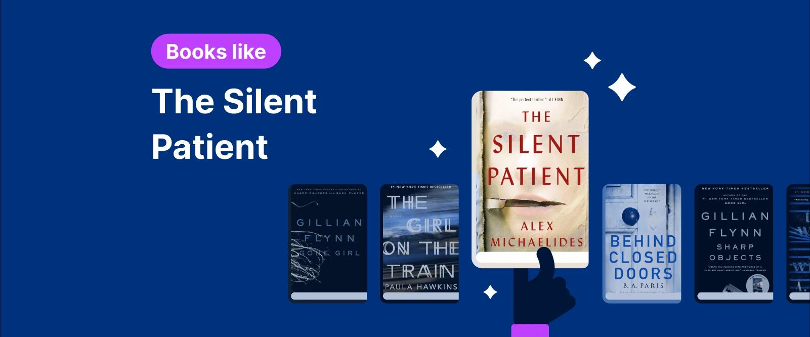 Covers of The Silent Patient and other thriller books like The Girl on the Train and Behind Closed Doors