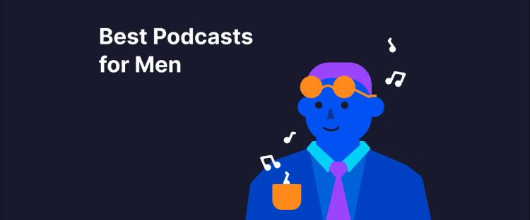 A smiling man wearing a suit and sunglasses, with pocket from which podcasts for men is playing on