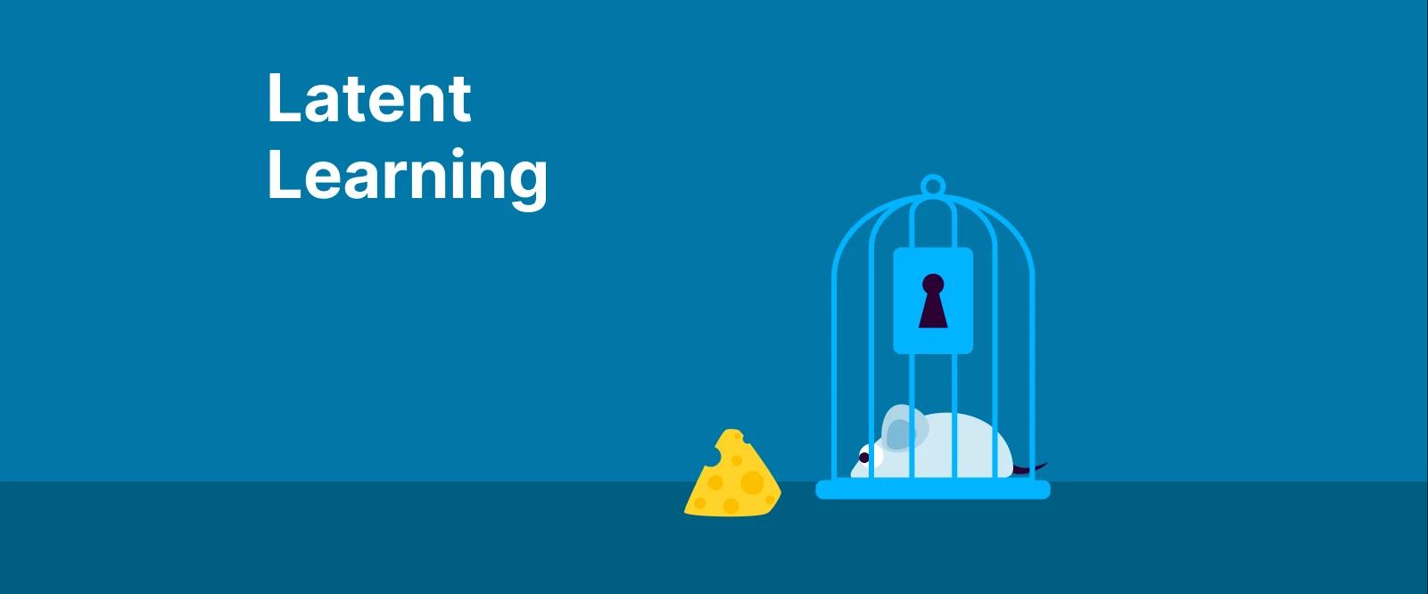 Latent learning concept with birdcage containing keyhole and small figure beside yellow key on blue background