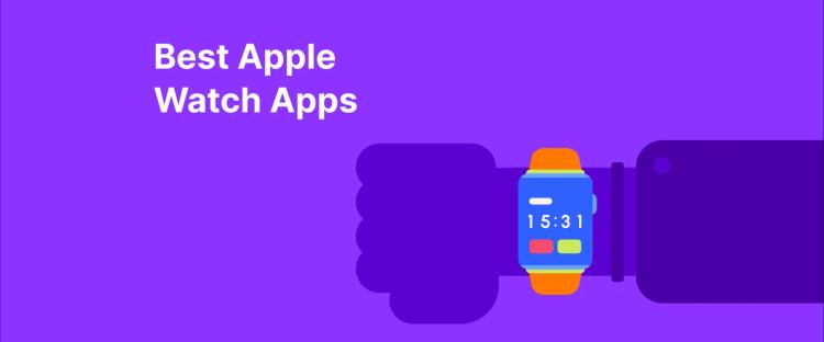 A hand wearing a smartwatch with digital display next to text _Best Apple Watch Apps_ on a purple background