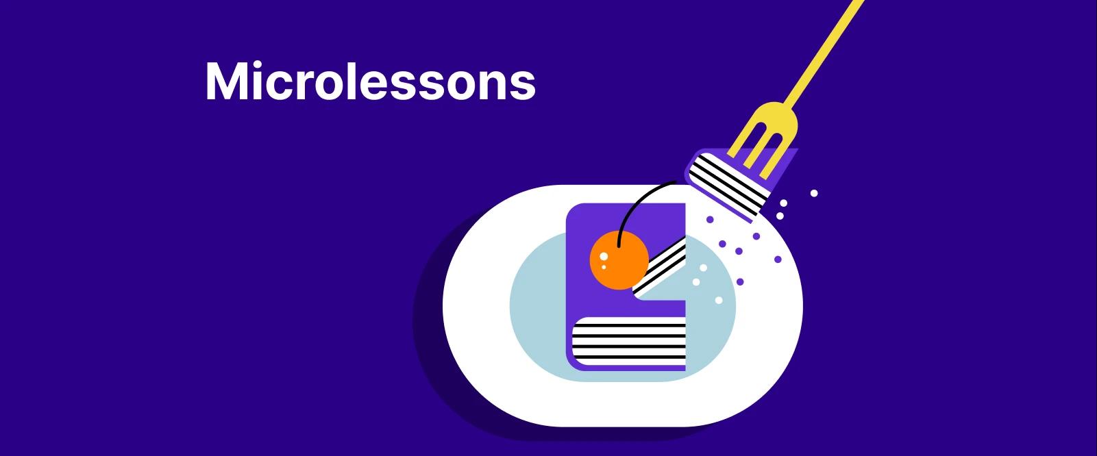 Purple banner with a fork lifting a glowing lightbulb illustration over a book on a plate, representing microlearning and cognitive load reduction in bite-sized knowledge