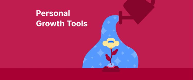 Blue watering can nurturing yellow flower on pink background, illustrating personal growth and self-improvement through consistent care