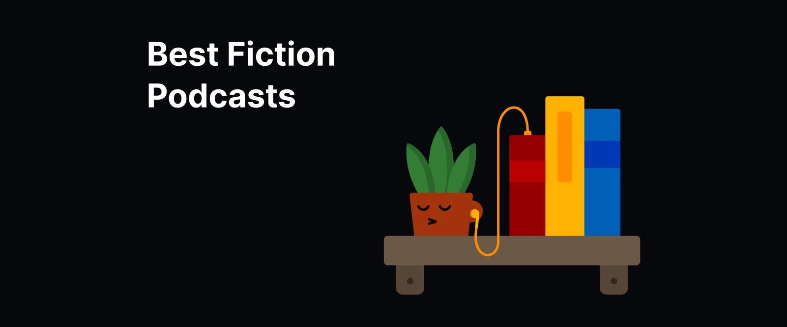 Illustration of a shelf with books, plants, and a beaker, symbolizing Best Fiction Podcasts across sci-fi and fantasy genres