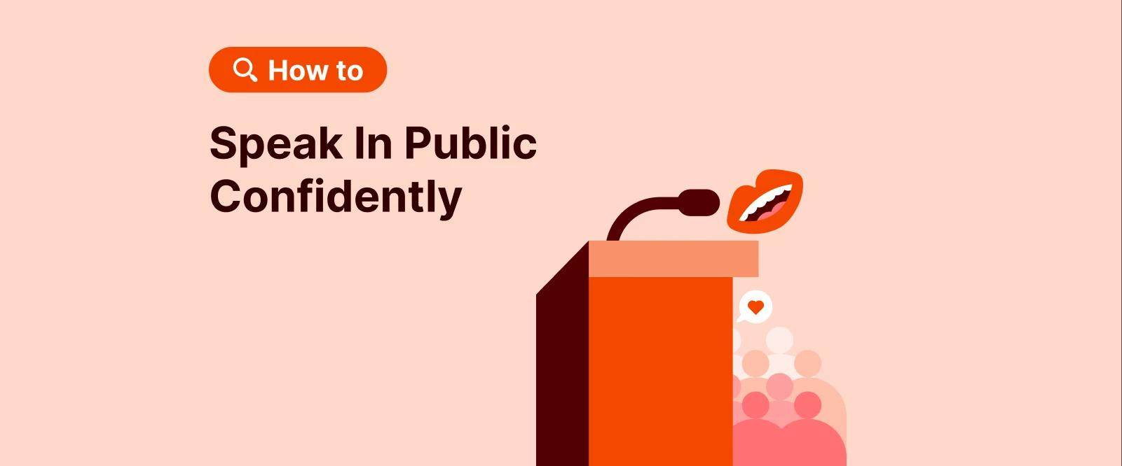 Orange podium with microphone and pink audience silhouettes on coral background illustrating building confidence in public speaking
