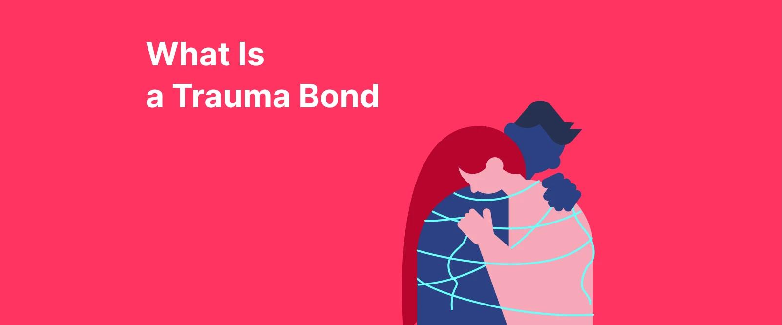 Two embracing figures bound by white lines illustrating trauma bond and emotional attachment on bright pink background