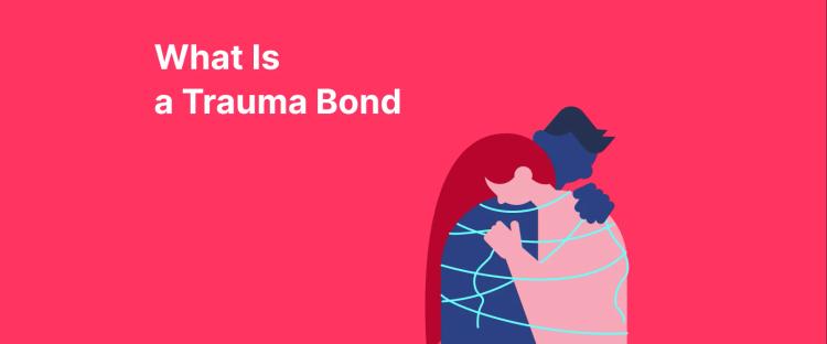 Two embracing figures bound by white lines illustrating trauma bond and emotional attachment on bright pink background