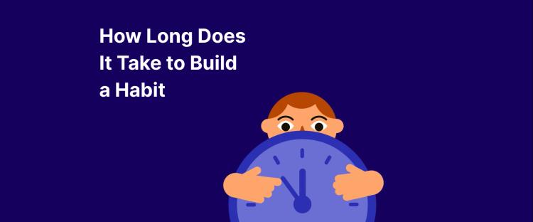 Person holding blue clock on purple background illustrating how long it takes to build a new habit