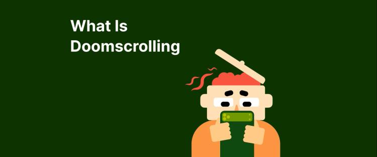 Person with stressed expression doomscrolling on phone against dark green background illustrating social media mental health impact