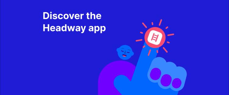Headway app - Hand tapping a button with the Headway app icon, surrounded by sparkles