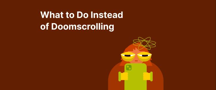 Cartoon owl character with stressed expression wearing green shirt on dark brown background representing doomscrolling
