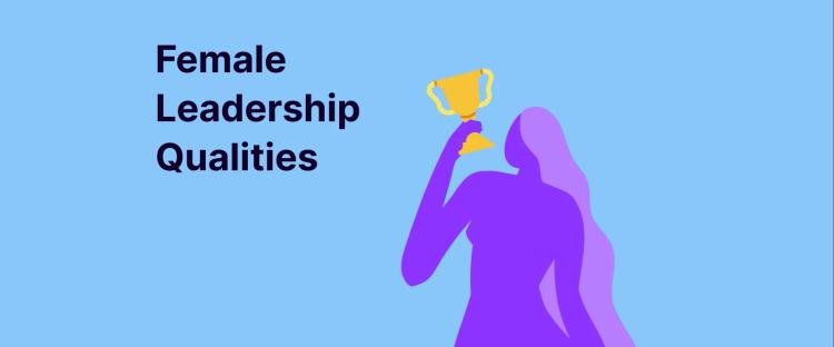 Purple silhouette of woman holding golden trophy on light blue background representing female leadership qualities and success