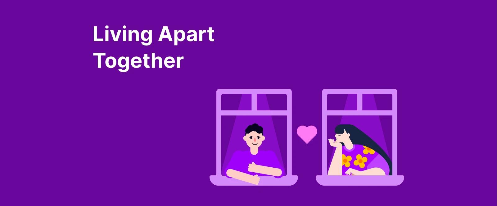 Couple in separate apartment windows with pink heart between them illustrating living apart together on purple background