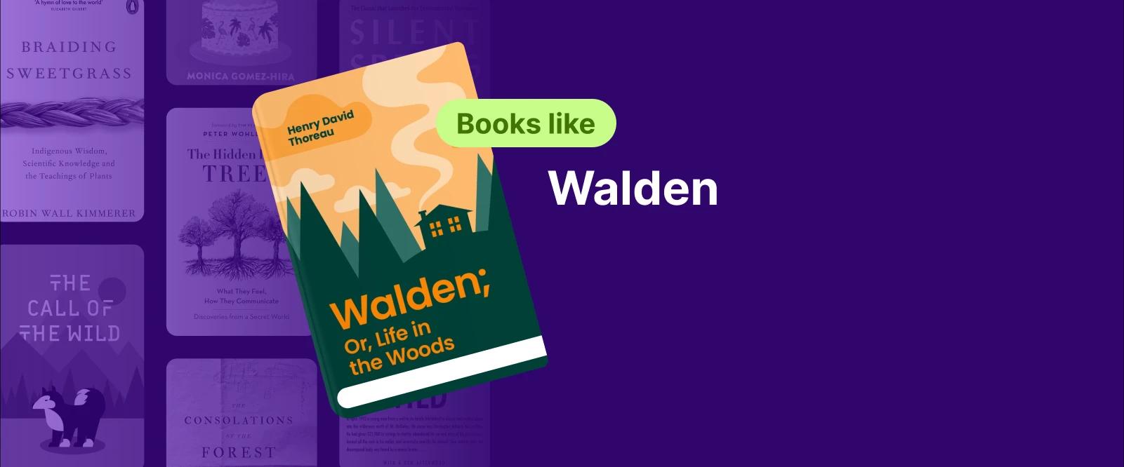 Cover of book summary of Walden with woods and a house and book covers at the background symbolizing books like walden