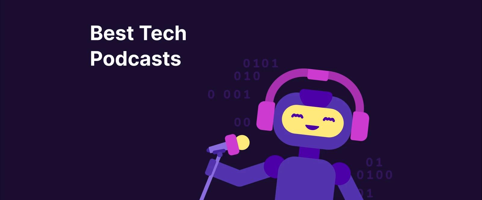 Illustration of a robot wearing headphones and speaking into a microphone, representing Best Tech Podcasts in a digital setting