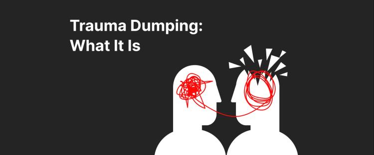 Two white head silhouettes on black background illustrating trauma dumping in mental health, with tangled red thoughts transferring from one person to another