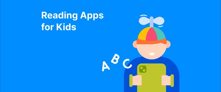 Smiling child wearing a propeller hat holding a tablet with floating ABC letters and text _Reading Apps for Kids_ on a blue background