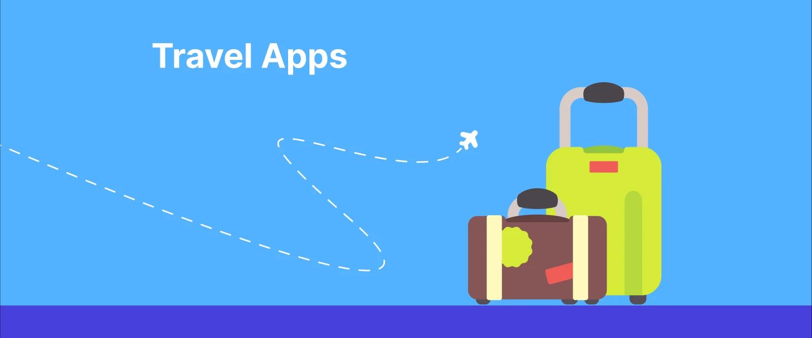 Two suitcases with an airplane flight path and text Travel Apps on a blue background
