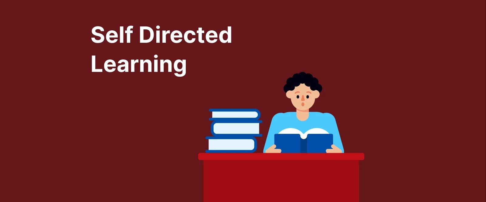 Illustrated learner studying at own pace with blue book and stack on desk, red background representing self-directed learning