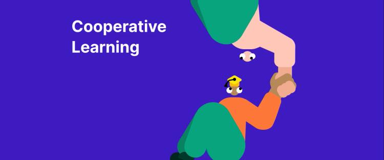 Cooperative learning illustration with two people collaborating together on vibrant purple background