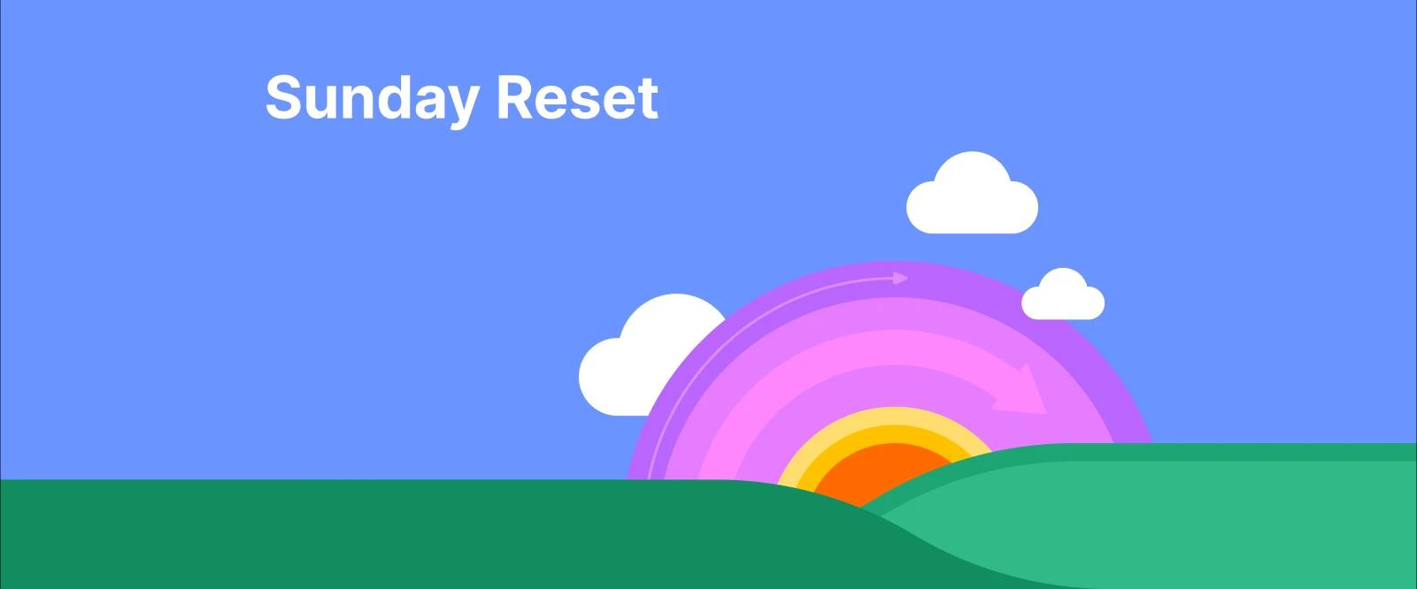 Bright sunrise with rainbow colors over green hills and text Sunday Reset, symbolizing a fresh weekly reset routine