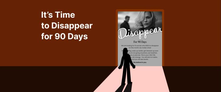 Promotional design for 90-day social media detox featuring silhouette of person on pink path with doors showing woman's face on brown background for mental health