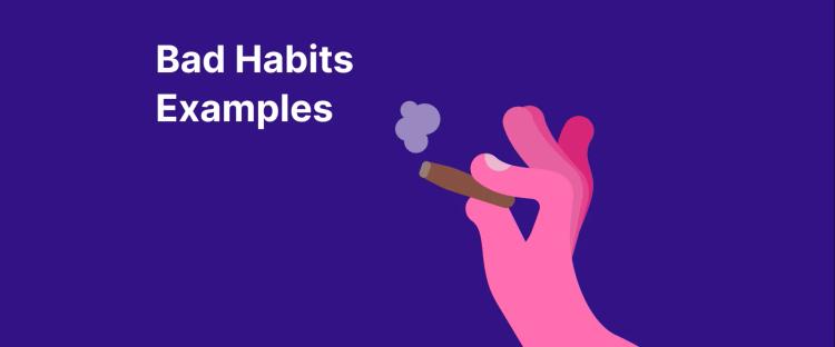 Pink hand holding cigarette with purple smoke illustrating bad habits examples on deep purple background