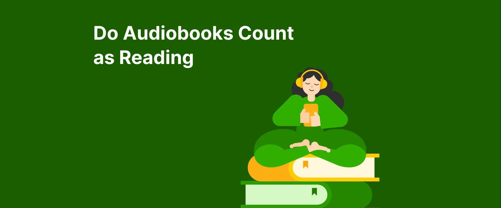Person with yellow headphones relaxing on colorful stacked books showing how audiobooks count as reading on dark green background