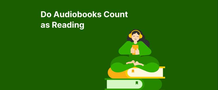 Person with yellow headphones relaxing on colorful stacked books showing how audiobooks count as reading on dark green background
