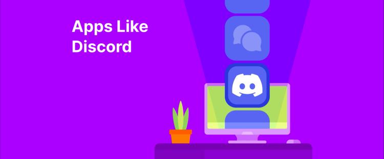 A computer monitor with Discord logo and chat icons above it, stanging on a table with plant pot, symbolising discord alternatives