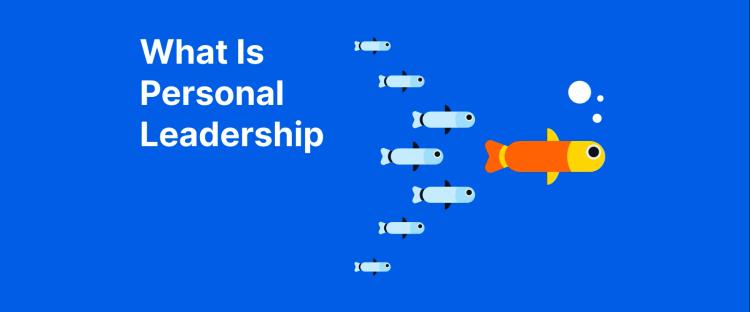 Yellow fish leading grey fish on bright blue background illustrating personal leadership concept