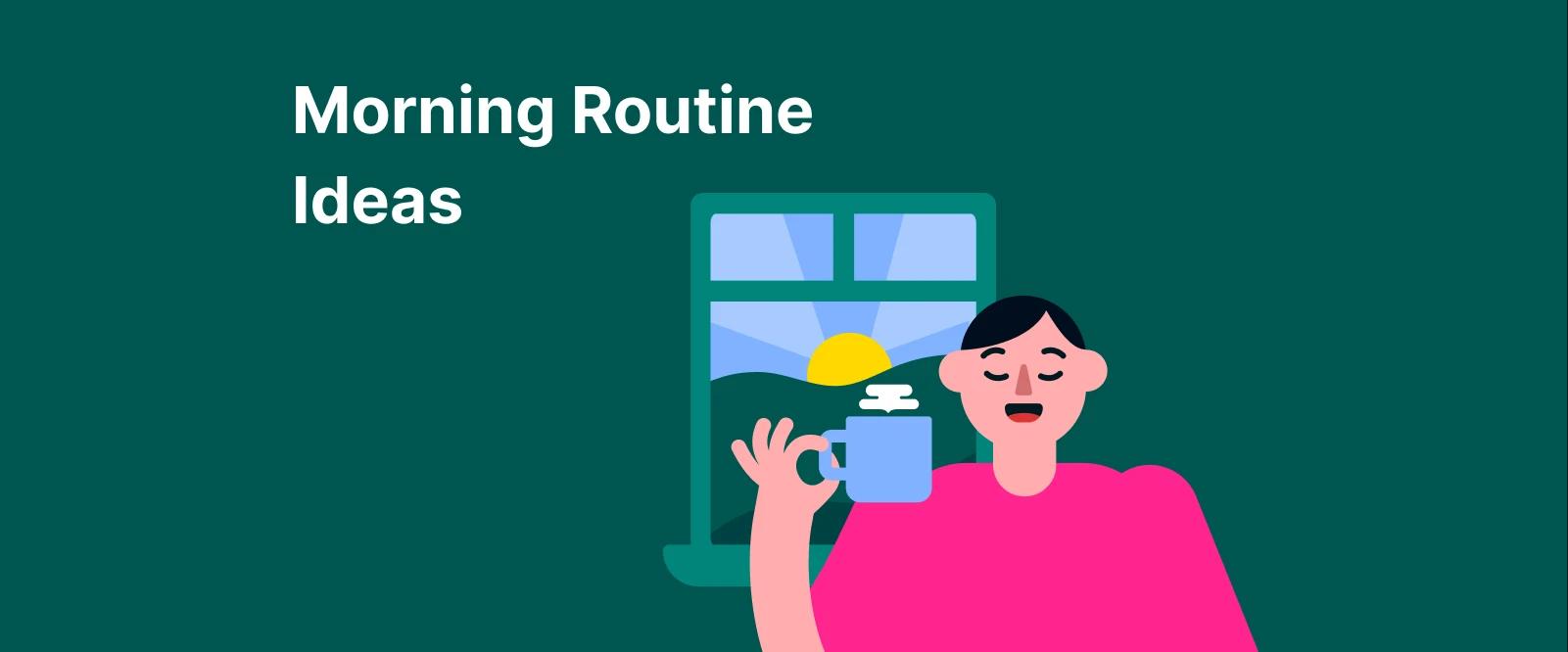 Illustrated woman in a pink shirt holding a blue mug near a sunny window on a dark teal background, representing a calming morning routine for well-being