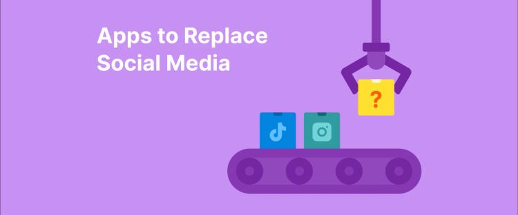 apps to replace social media - Robotic claw over a conveyor belt with app icons and a mystery box