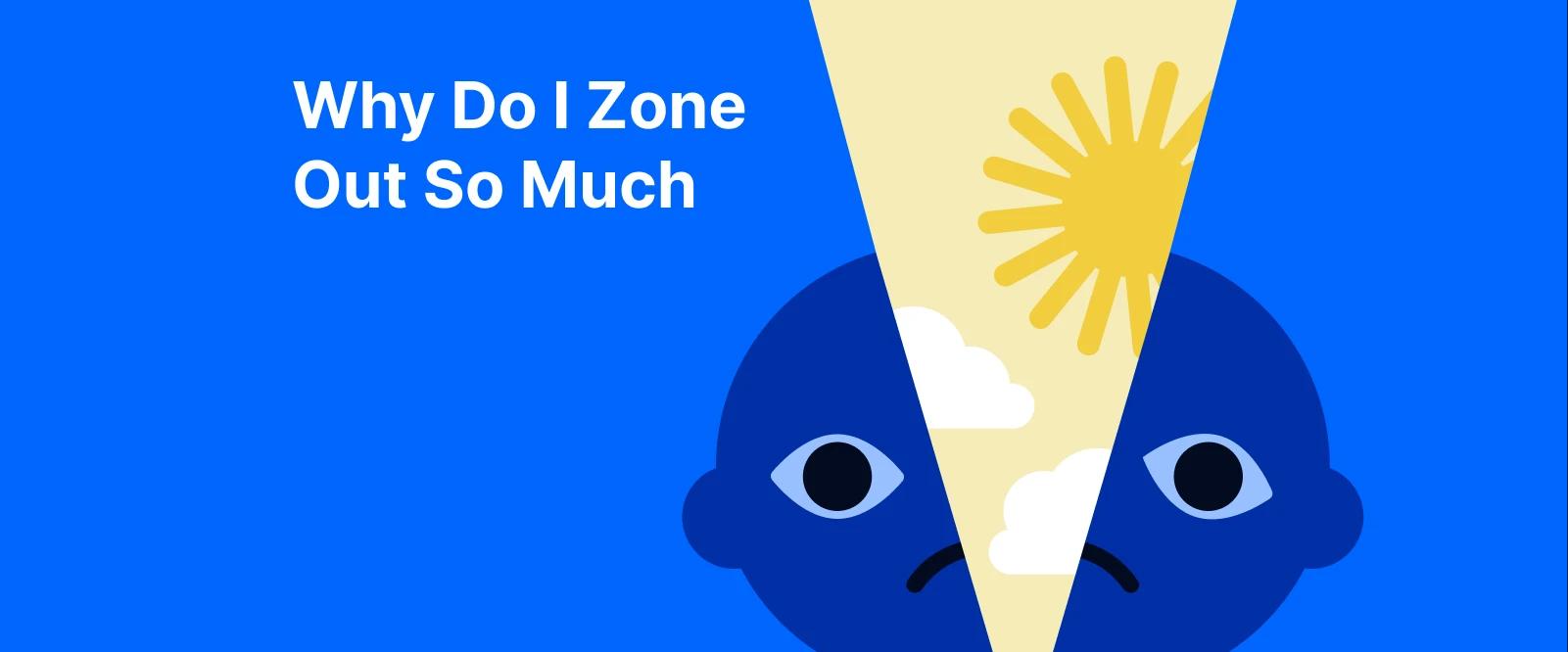 Split blue face silhouettes with yellow sunburst on blue background representing mental health concept of zone out episodes