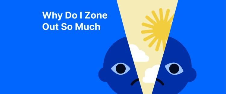 Split blue face silhouettes with yellow sunburst on blue background representing mental health concept of zone out episodes