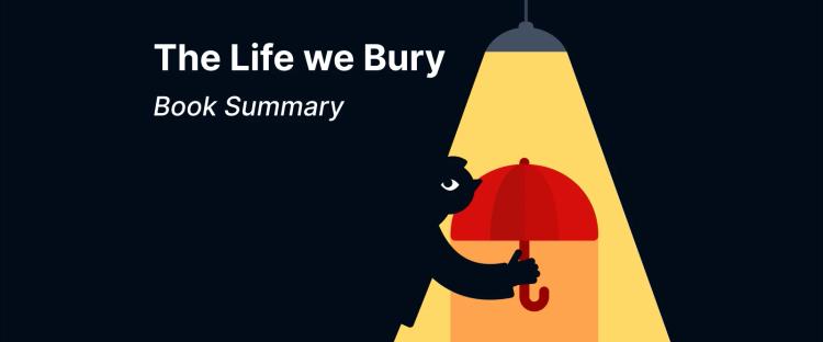 Cartoon figure holding red umbrella under spotlight, symbolizing The Life We Bury book review by Allen Eskens