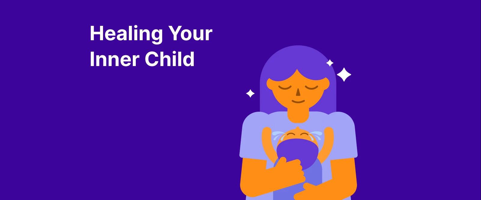 Adult self and younger self illustrated as cartoon figures behind a light purple wall on a deep purple background for inner child healing