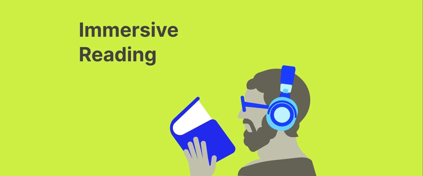 Man wearing blue headphones reading a book on a bright green background, illustrating immersive reading to build a strong reading habit and become well-read