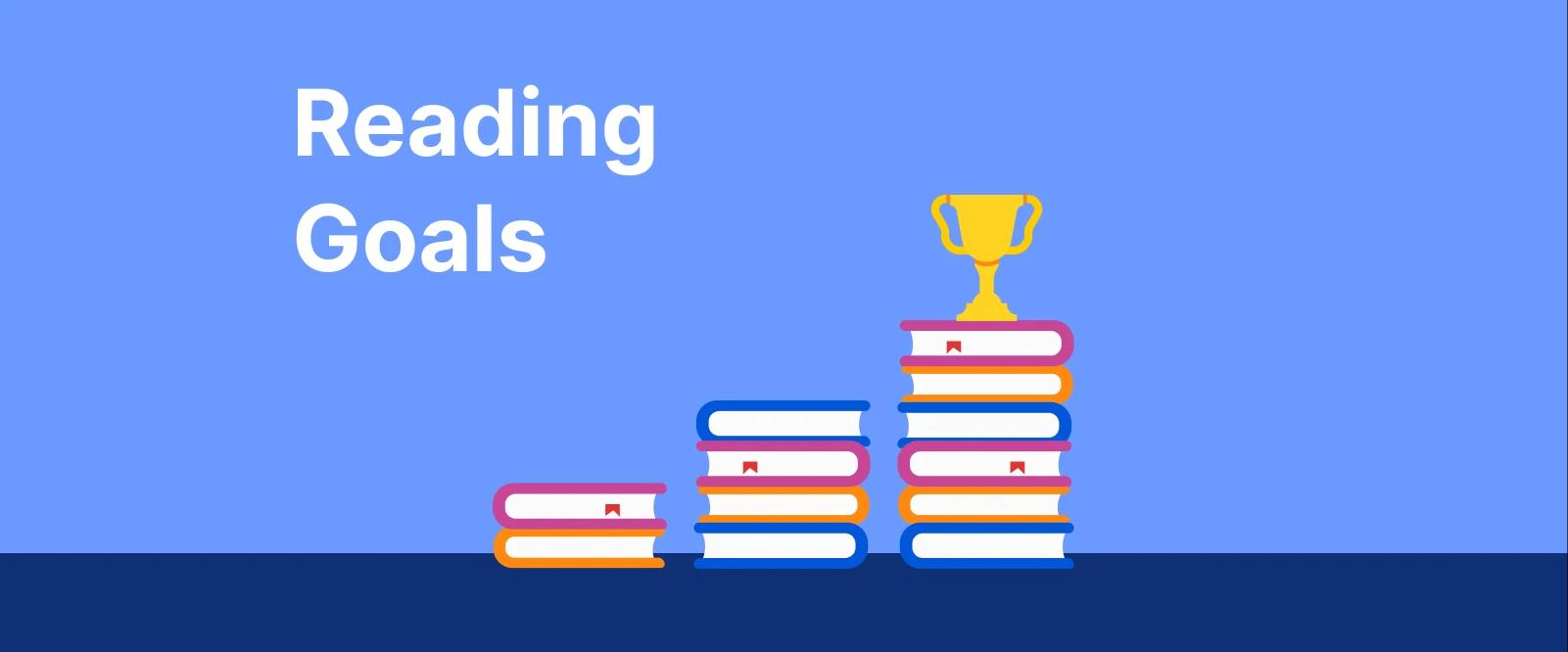 _Illustrated reading goals graphic with three stacks of colorful books growing in height topped with a gold trophy on a blue background, representing a reading habit milestone