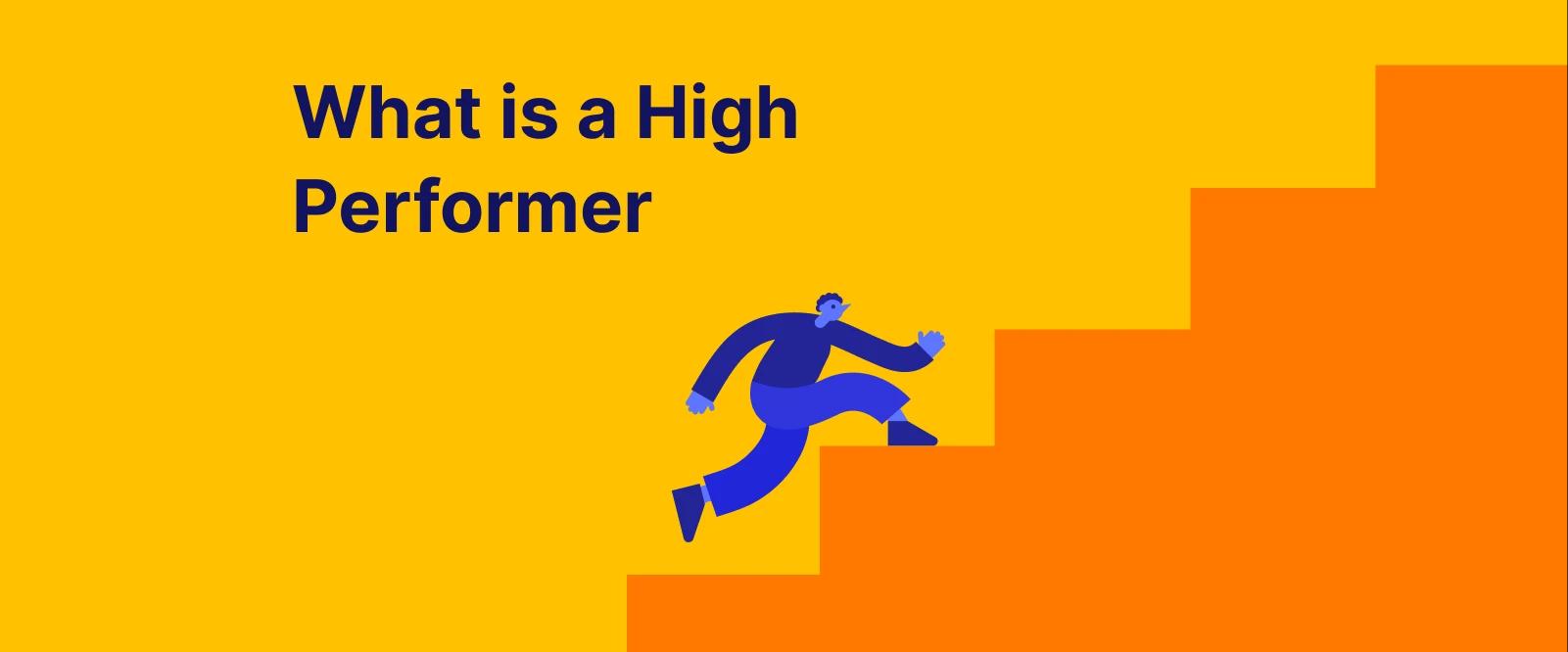 Blue figure running toward trophy on yellow-orange gradient background illustrating high performer concept in career development