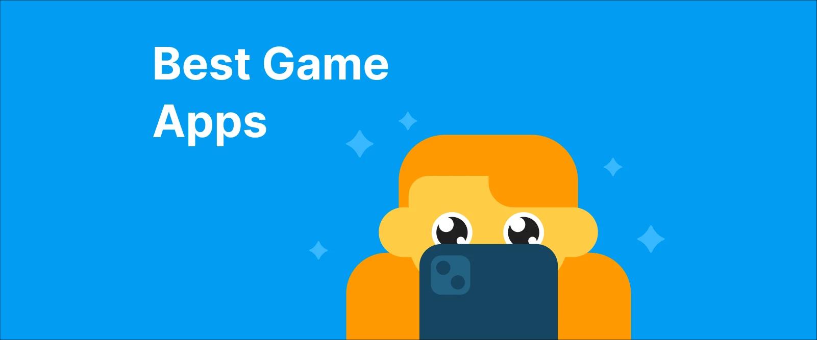 A delighted person holding a phone with sparcles around it, representing best game apps