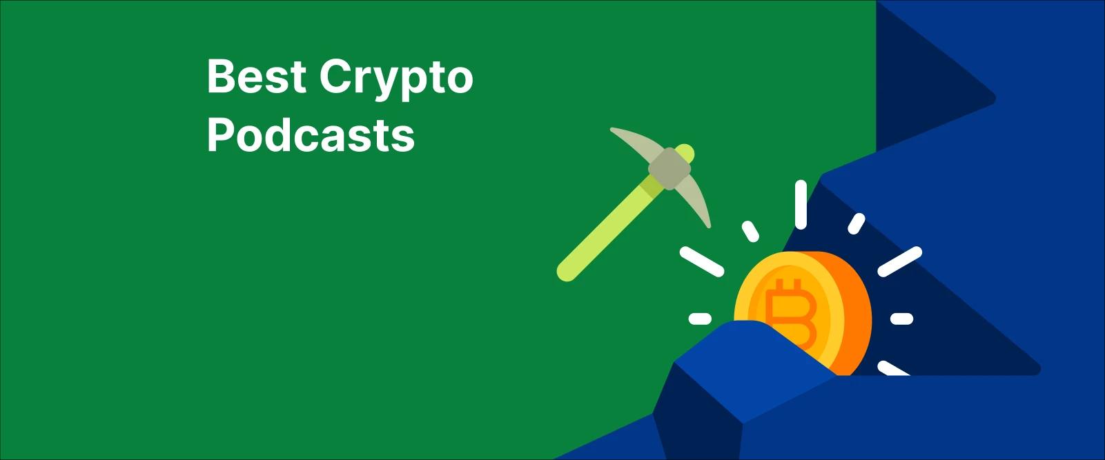 a shining Bitcoin coin being mined with a pickaxe against a green and blue background, symbolizing best crypto podcasts
