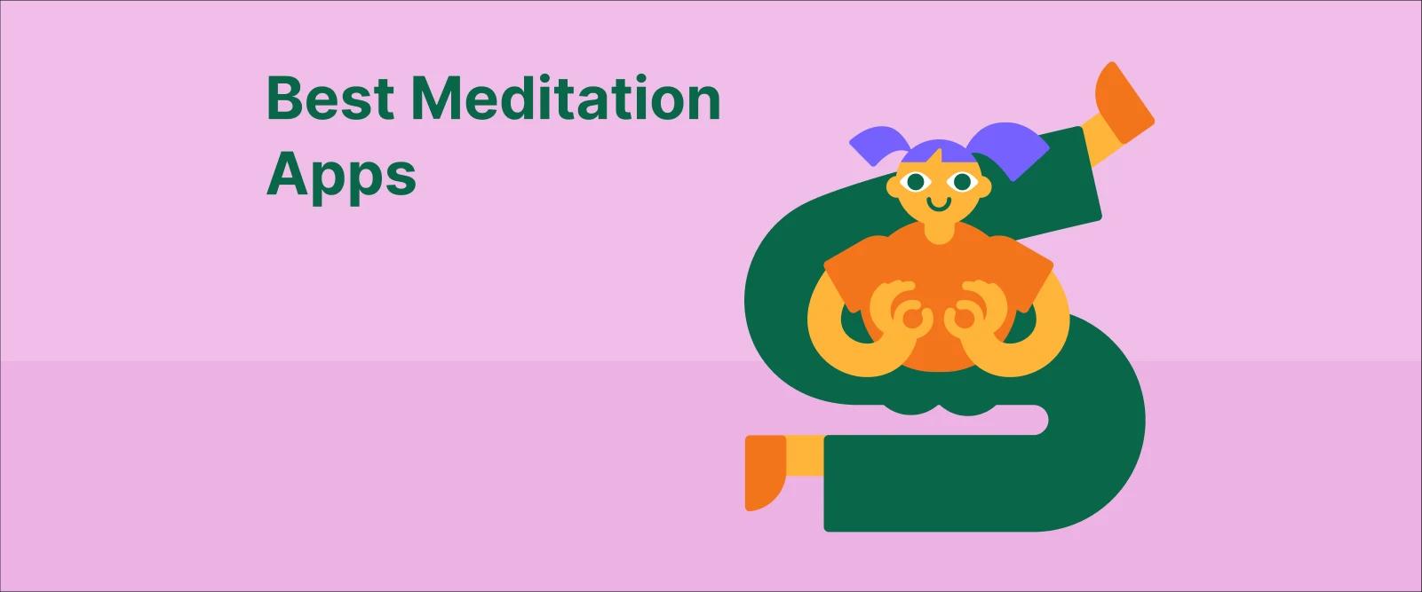 Cartoon figure stretching with colorful pigtails, with hands in meditation position, and with legs forming a curved shape, symbolising best meditation apps