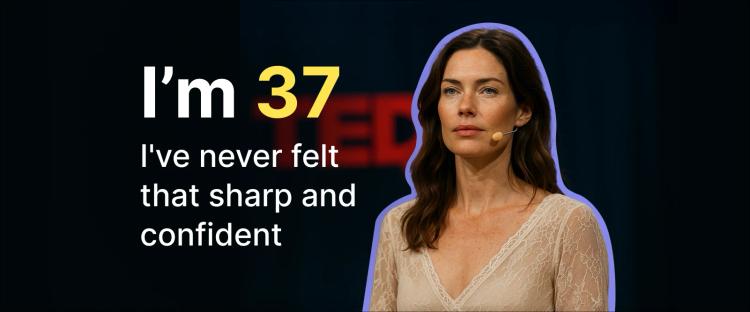 I’m 37 and I've never felt that sharp and confident - Woman with long dark hair standing on stage of TED with a microphone headset