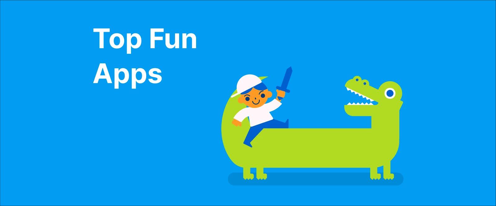 Cartoon child with a sword riding on a green crocodile figure symbolising top fun apps