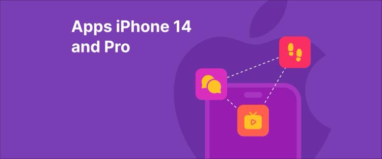 Icons representing apps Iphone 14 and pro like chat, video, and social media connected to a phone, with iphone logo at the background