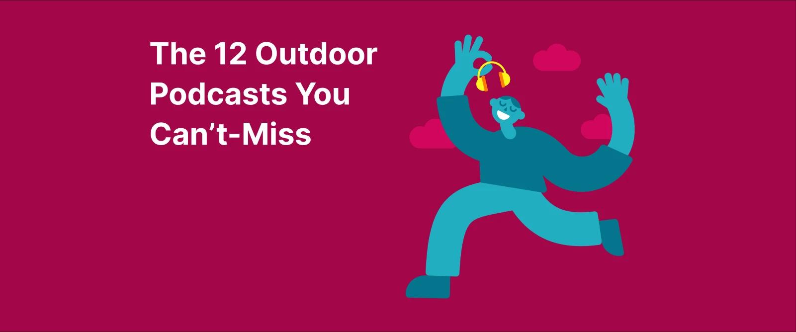 Pink background with stylized person raising hand, representing a list of the best outdoor podcasts